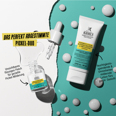 Flacon de serum et tube de lotion de la marque Kiehl's, etiquetes "Nouveau" et "Solution Ciblee", sur un fond colore.
