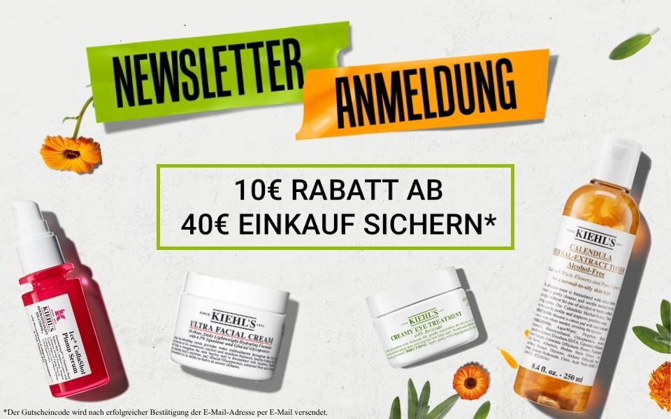 Eine stilisierte Anordnung von Blumen, einer Orange und Olivenzweigen, begleitet von dem Kiehl's Logo.