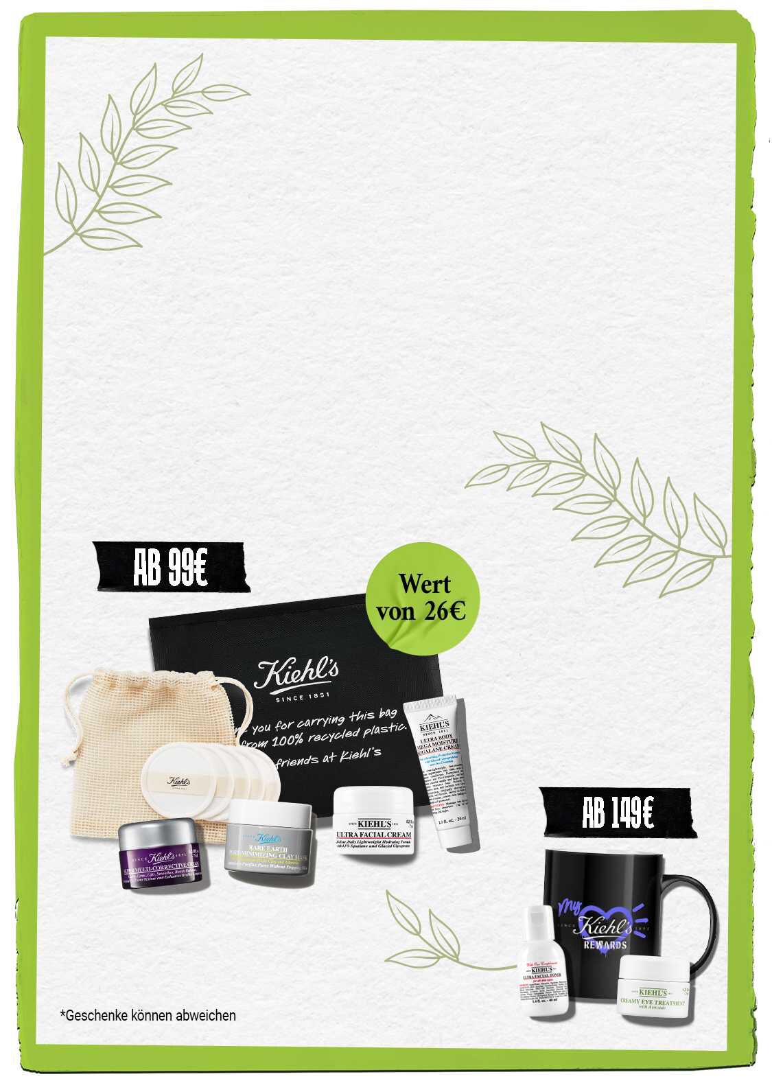 Werbebanner von Kiehl's mit zwei Geschenkangeboten: ab 99 € ein Set mit Ultra Facial Cream, Midnight Recovery Concentrate und Zugaben im Wert von 26 €; ab 149 € ein Set mit Ultra Facial Toner, Creamy Eye Treatment with Avocado und einer exklusiven My Kiehl's Rewards Tasse. *Geschenke konnen abweichen.