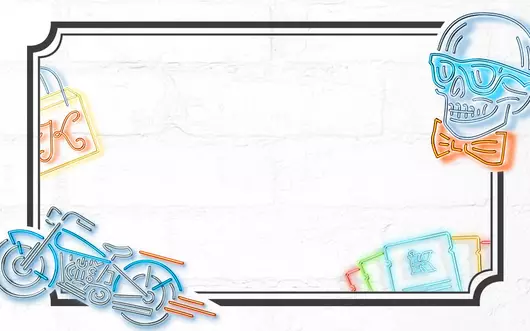 Bunte Neon-Illustrationen von einem Totenkopf mit Sonnenbrille, einer Motorradsilhouette, einem Schlosser- und Getranke-Design sowie weiteren kreativen Elementen auf einem weißen Hintergrund.