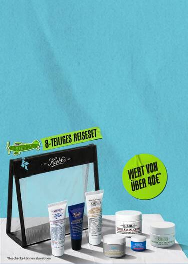 Kiehl's Werbebanner auf turkisblauem Hintergrund: 8-teiliges Reiseset im Wert von uber 40€* in einer transparenten Kiehl's Kosmetiktasche, mit Ultimate Strength Hand Salve, Midnight Recovery Eye, Calendula Deep Cleansing Foaming Face Wash, Ultra Facial Cream, Rare Earth Pore Minimizing Clay Mask, einem blauen Produkt sowie Creamy Eye Treatment with Avocado. *Geschenke konnen abweichen.