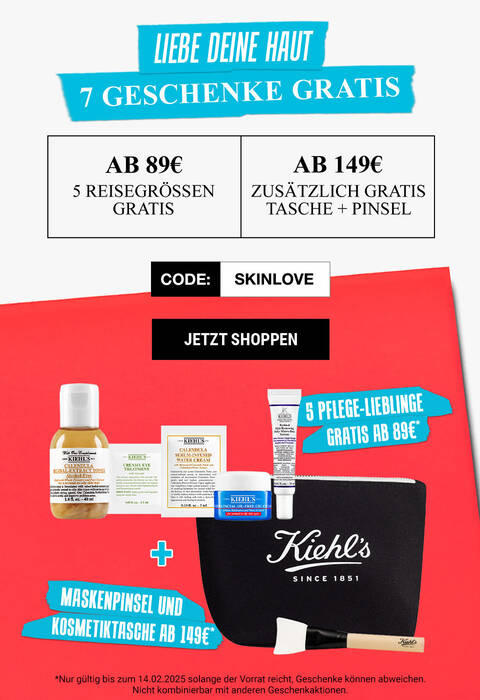 Werbung fur Kiehl's mit 7 kostenlosen Geschenken bei Bestellungen ab 89 € und zusatzlichen Geschenken bei 149 €, inklusive Produkte und eine Tasche.