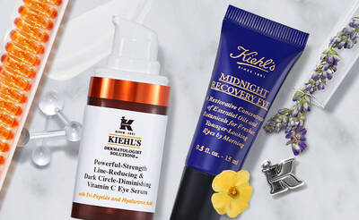 Kiehl's Augenpflegeprodukte: Vitamin C Augenserum und Midnight Recovery Eye in ansprechender Anordnung auf hellem Hintergrund.