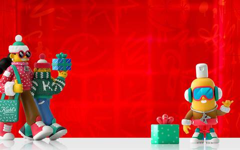 Banner mit Geschenken und Tuten im Hintergrund