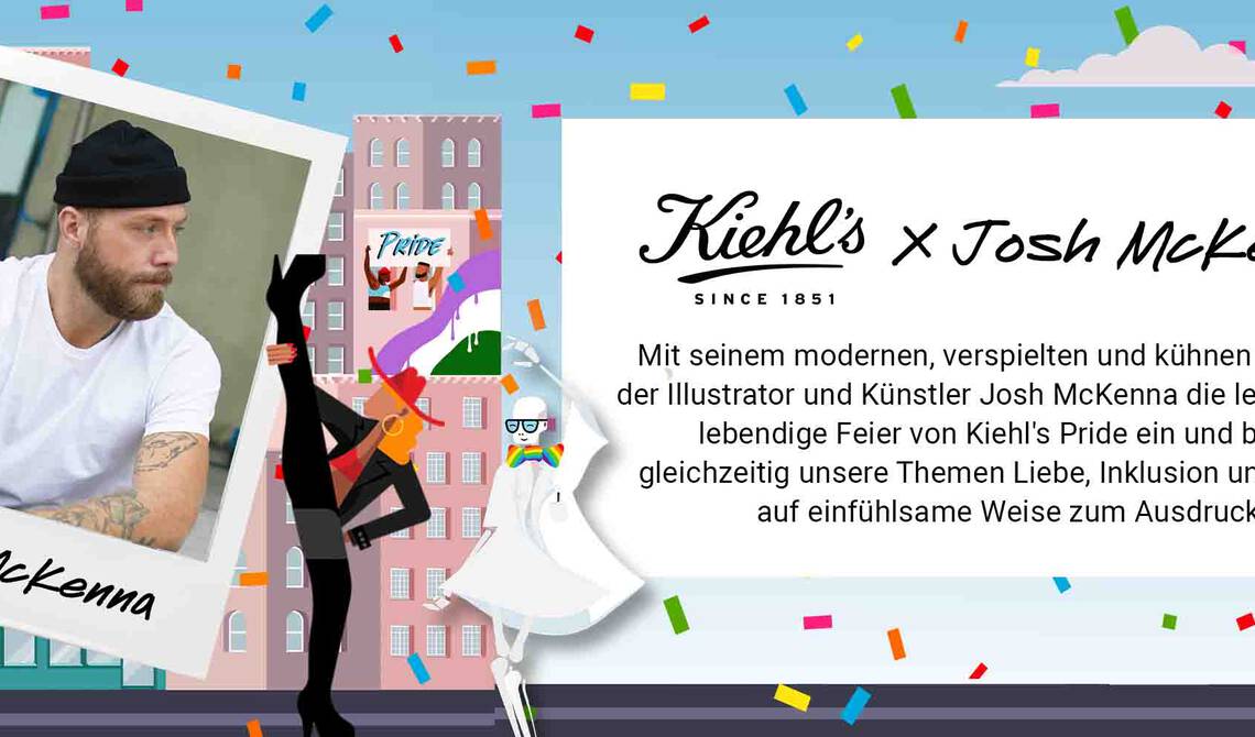 Alt-Text: Ein Werbebild fur die Zusammenarbeit zwischen Kiehl's und Illustrator Josh McKenna, das bunte Elemente und festliche Symbole zeigt, um Themen wie Liebe, Inklusion und Vielfalt zu betonen.