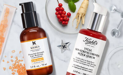 Zwei Hautpflegeprodukte von Kiehl’s: ein Konzentrationsmittel und ein Serum, um die Haut zu starken und zu revitalisieren.