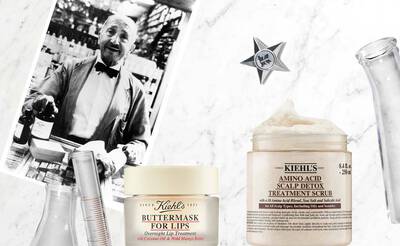 Ein stilvolles Stillleben mit Kiehl's Lippenmaske und Kopfhautpeeling, neben einem historischen Foto des Grunders.