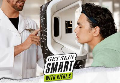 A digital collage featuring a smiling woman in a white lab coat holding a skincare product, surrounded by images of consultations at a Kiehl's store, including a skincare application and two women discussing products.