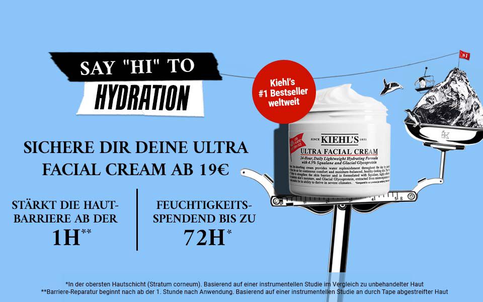 Banner fur Kiehl's mit der Botschaft "Sag Hallo zur Hydration". Es zeigt eine Creme und informiert uber den Startpreis von 19 € sowie die Hautpflegevorteile.