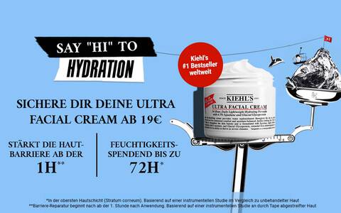 Banner fur Kiehl's mit der Botschaft "Sag Hallo zur Hydration". Es zeigt eine Creme und informiert uber den Startpreis von 19 € sowie die Hautpflegevorteile.