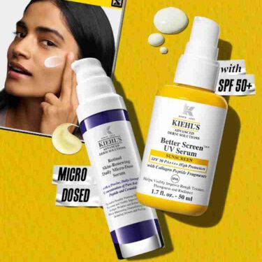 Kiehl's Retinol Skin-Renewing Daily Micro-Dose Serum und Better Screen UV Serum LSF 50+ mit Kollagen-Peptid, auf dem Gesicht einer Frau fur ein sichtbar verbessertes Hautbild aufgetragen