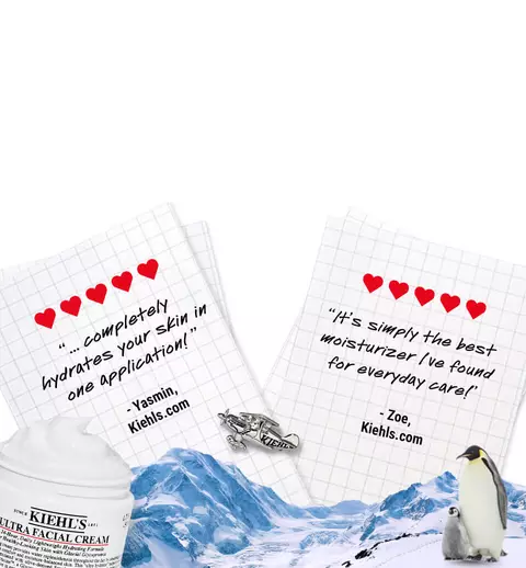 Eine Kiehls Ultra Facial Cream Packung vor einer Berglandschaft, umgeben von Notizen mit positiven Zitaten und einem Pinguin.