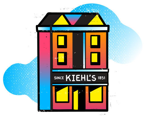 Illustrierte Fassade eines Kiehl's Gebaudes, bunt gestaltet, mit dem Schriftzug 'Since Kiehl's 1851'.
