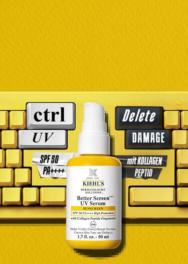 Kreatives Werbebild fur das 'Better Screen UV Serum' von Kiehl's auf leuchtend gelbem Hintergrund. Das Produkt steht auf einer gelben Computertastatur, deren Tasten fur ein Wortspiel angepasst wurden: Links befinden sich weiße Tasten mit der Aufschrift 'ctrl' und 'UV' sowie ein Klebeband mit 'SPF 50 PA++++'. Rechts sind schwarze Tasten mit 'Delete' und 'DAMAGE' zu sehen, erganzt durch ein Band mit dem Text 'mit KOLLAGEN PEPTID'.