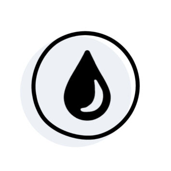 A simple black outline of a water droplet inside a circular border on a light gray background.